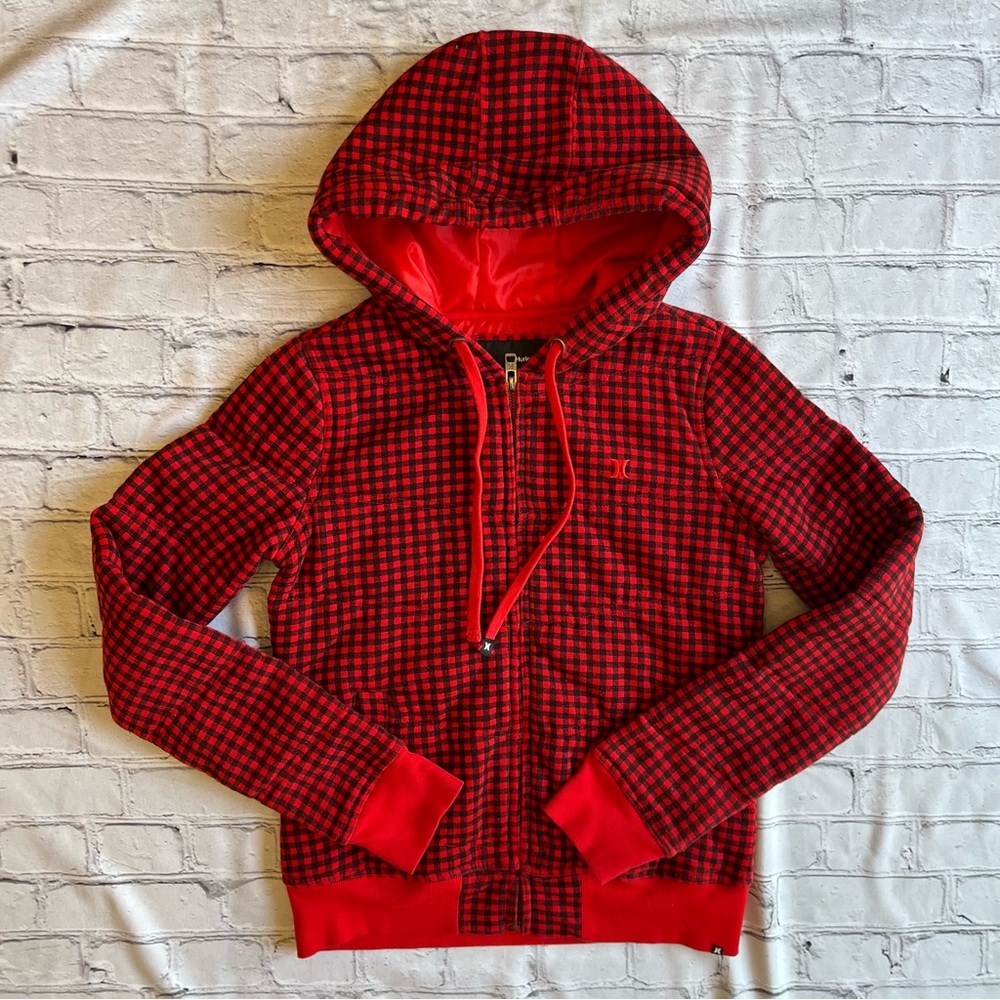 Hurley Boys Kids XS Red & Black Check Full Zip Hoodie Sweatshirt Skater Surfer
